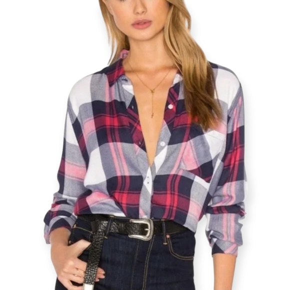 Rails Hunter Plaid Button Up in White, Indigo, Blush Pink Rayon One Pocket Small - Picture 1 of 14